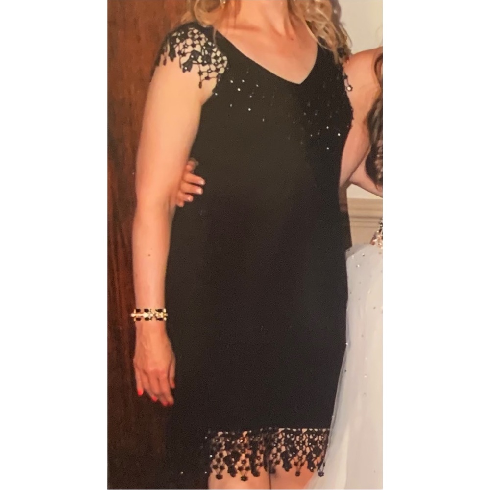Elegant Black Beaded Lace Sleeve Cocktail Dress